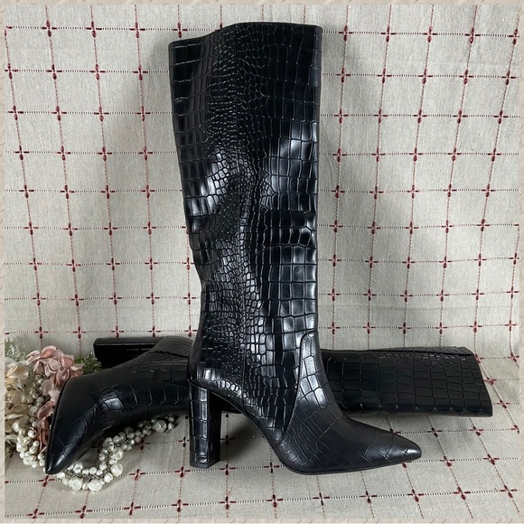 💐HPx3💐 😍 PAIGE Carmen Black Croc Embossed Leather Knee High Boots 6 NWOB